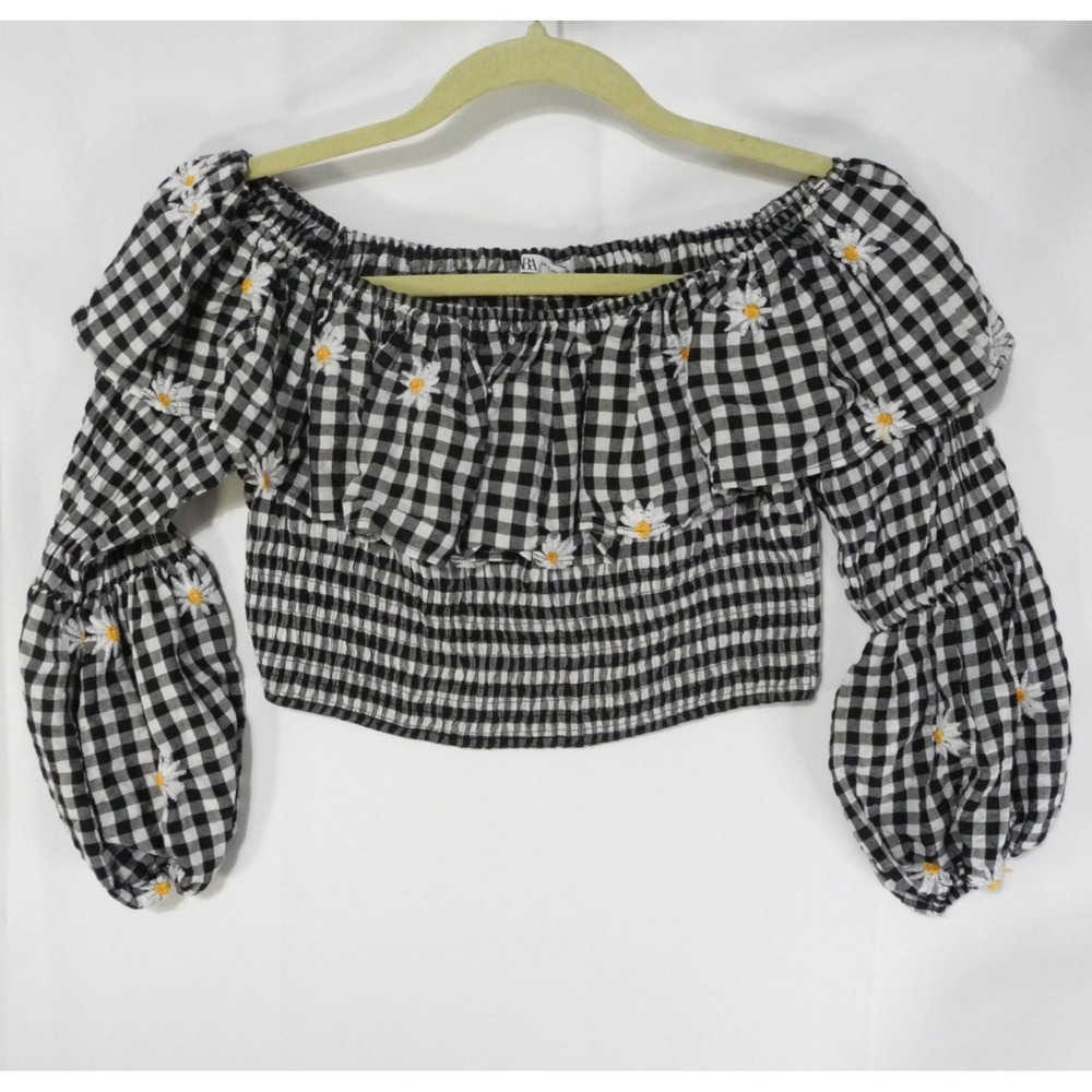 Zara Gingham Daisy Print Puff Sleeve Crop Off the Shoulder Top Size S‎
